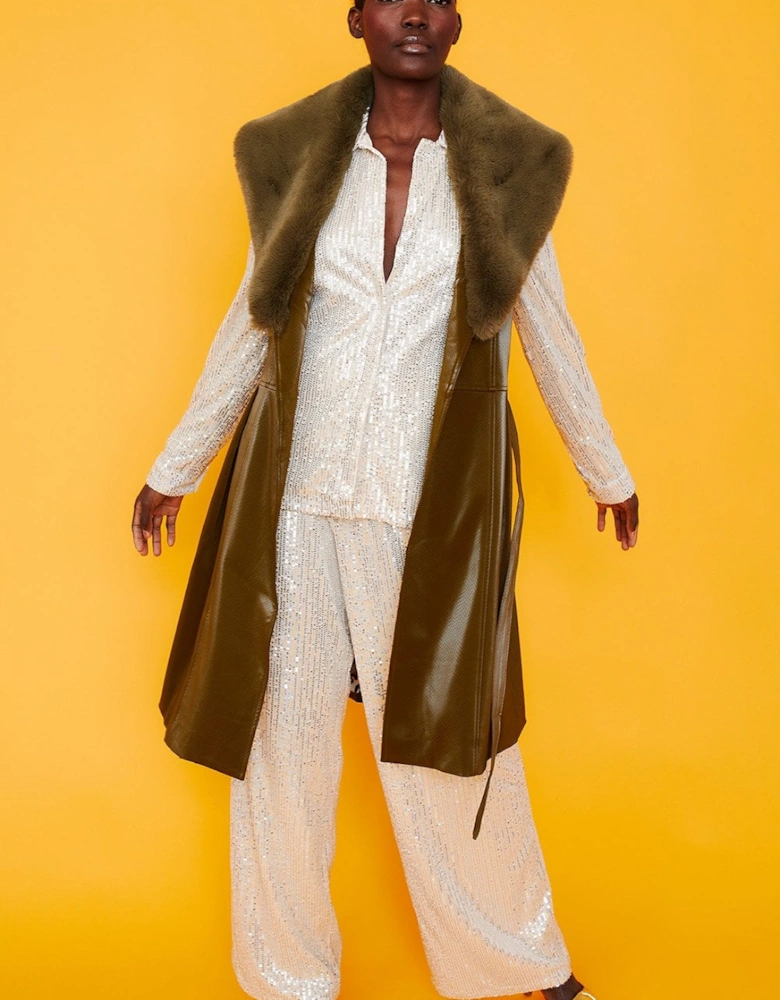 Banana Peel Midi Gilet Faux Fur Collar