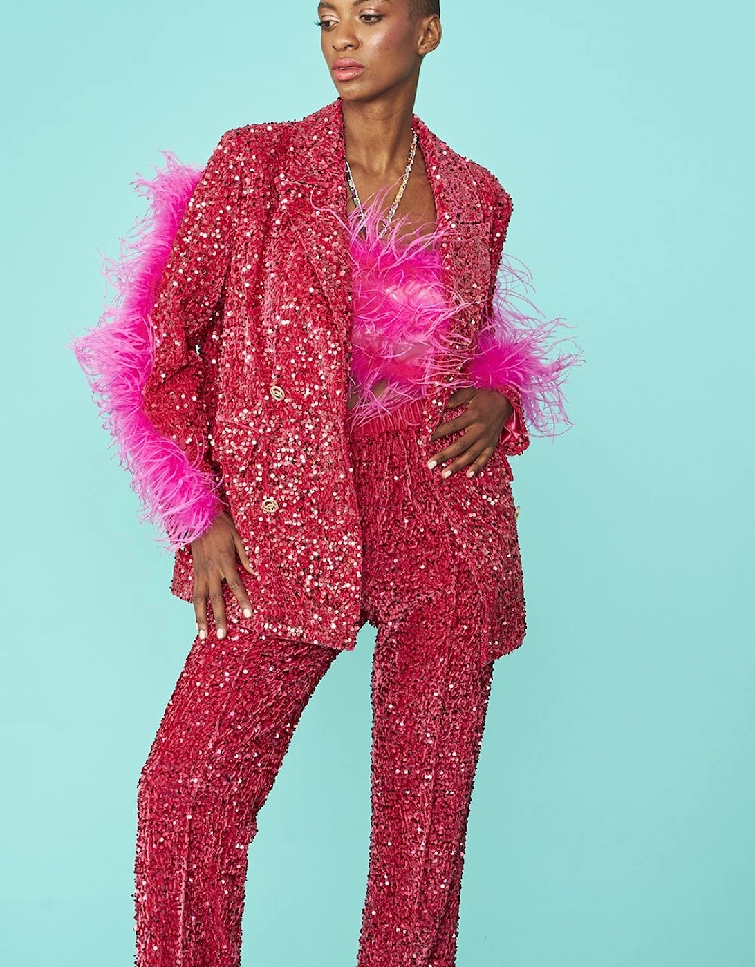 Pink Sequin Feather Trim Blazer, 6 of 5