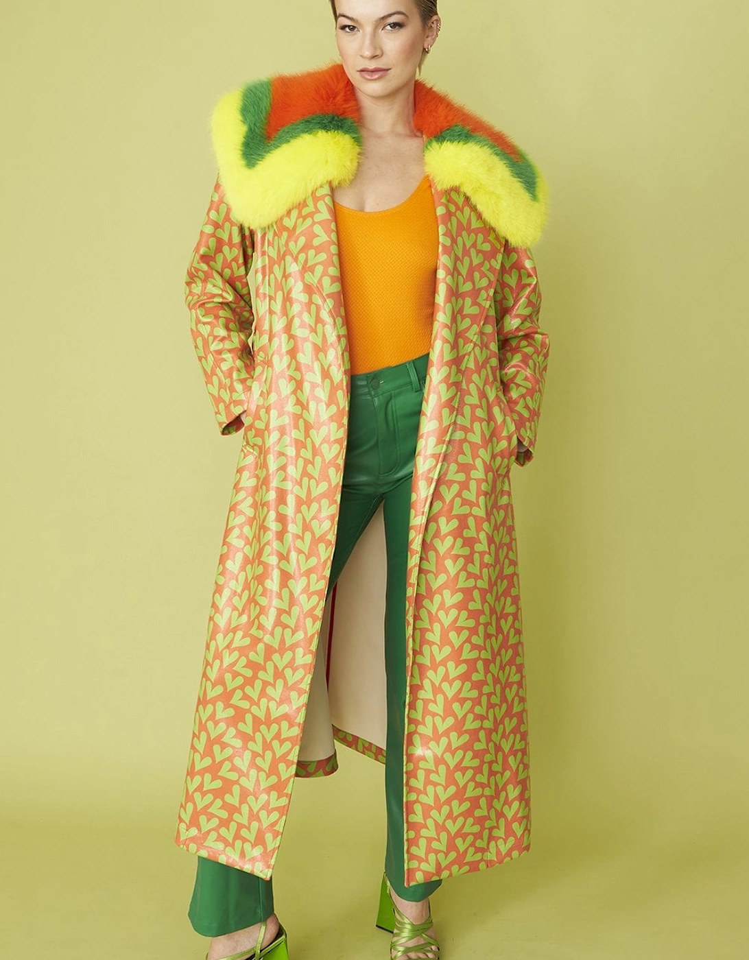 Orange and Green Love Heart Trench Coat with Oversized Faux Fur Collar