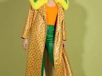Orange and Green Love Heart Trench Coat with Oversized Faux Fur Collar