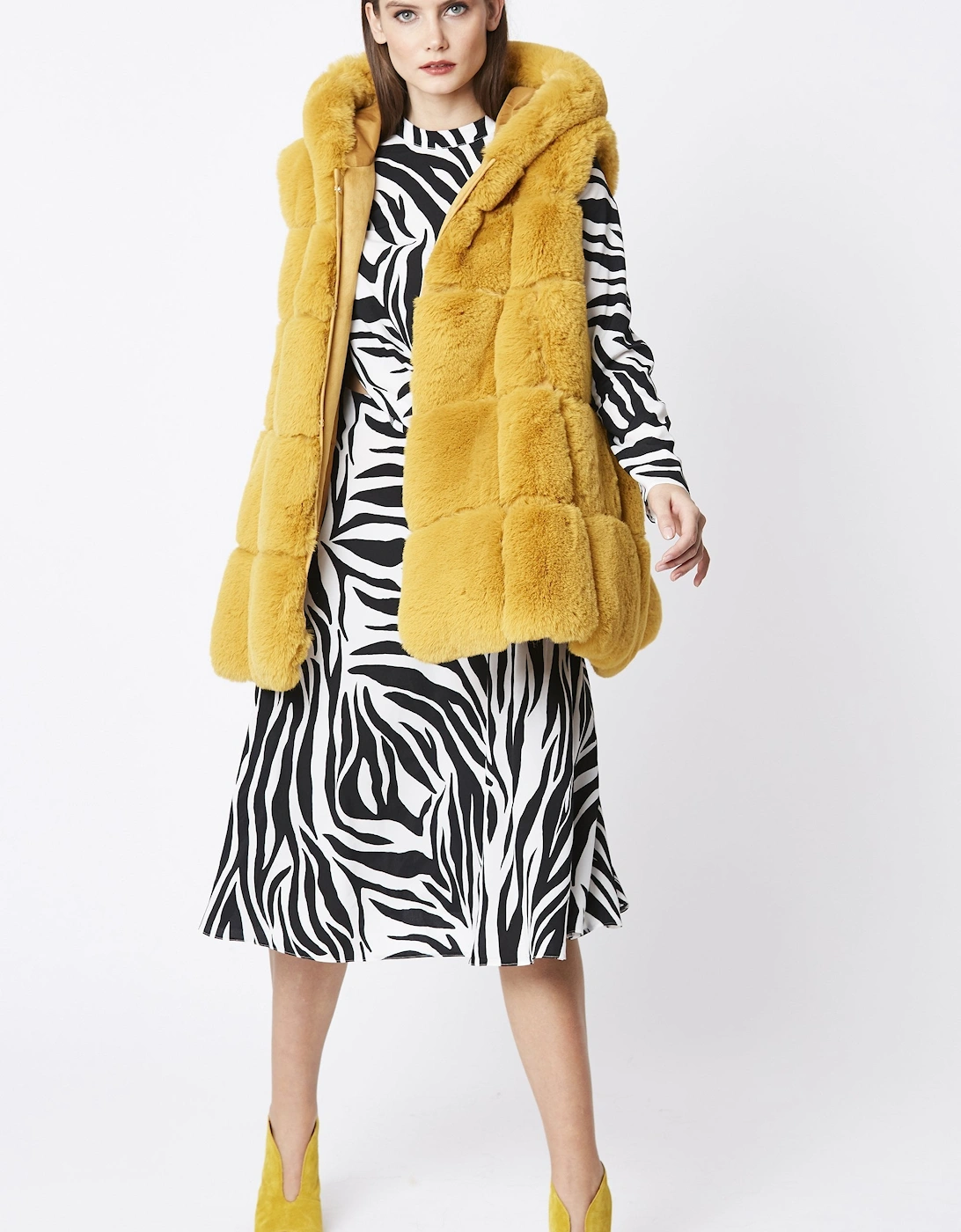 Yellow Faux Fur Long Hooded Gilet, 6 of 5