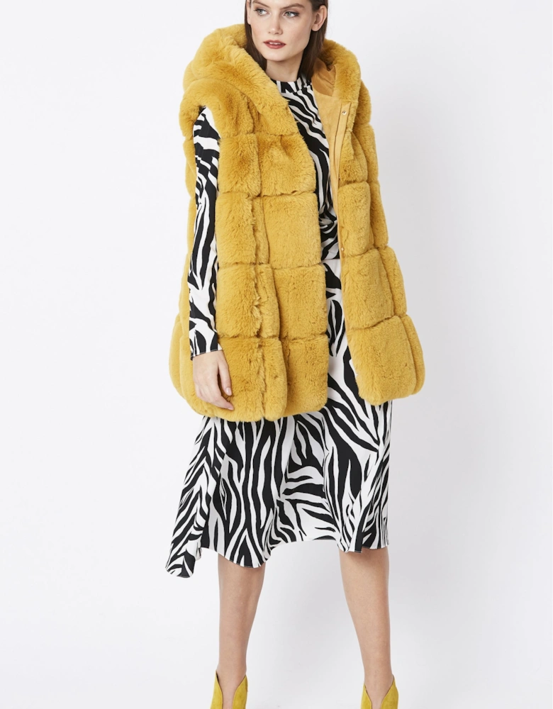 Yellow Faux Fur Long Hooded Gilet