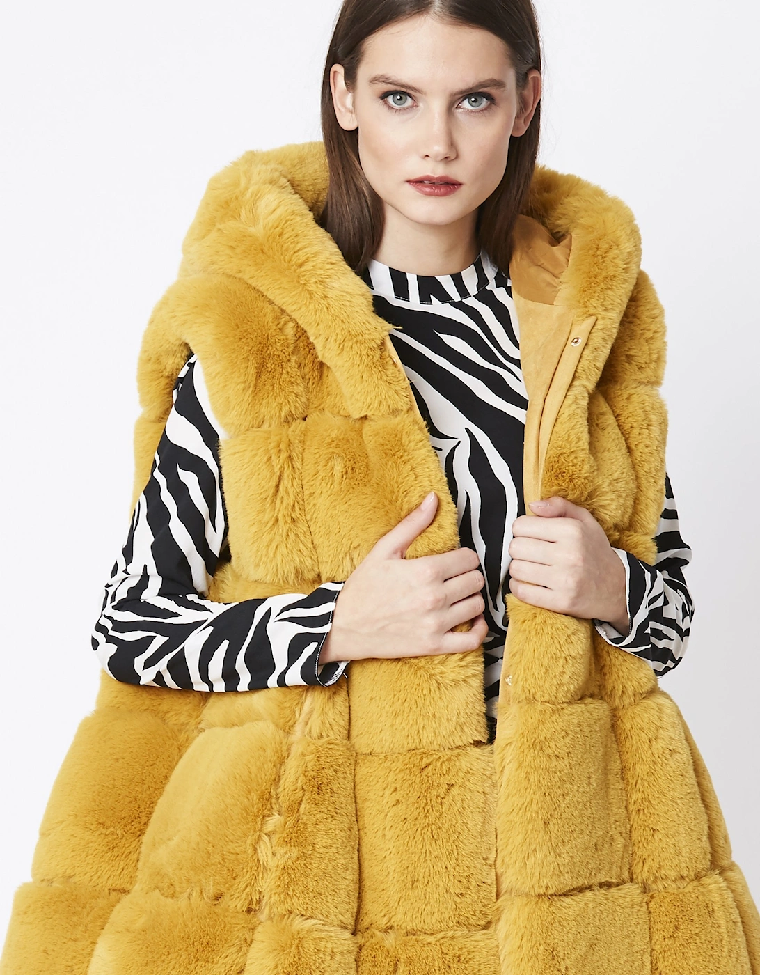 Yellow Faux Fur Long Hooded Gilet