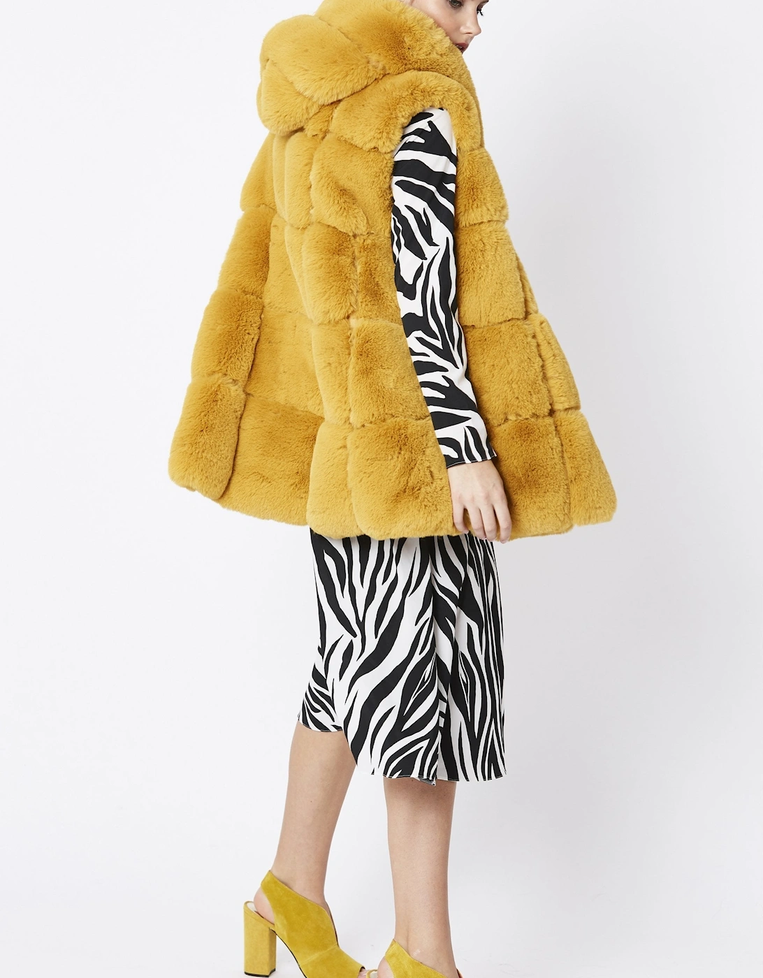 Yellow Faux Fur Long Hooded Gilet