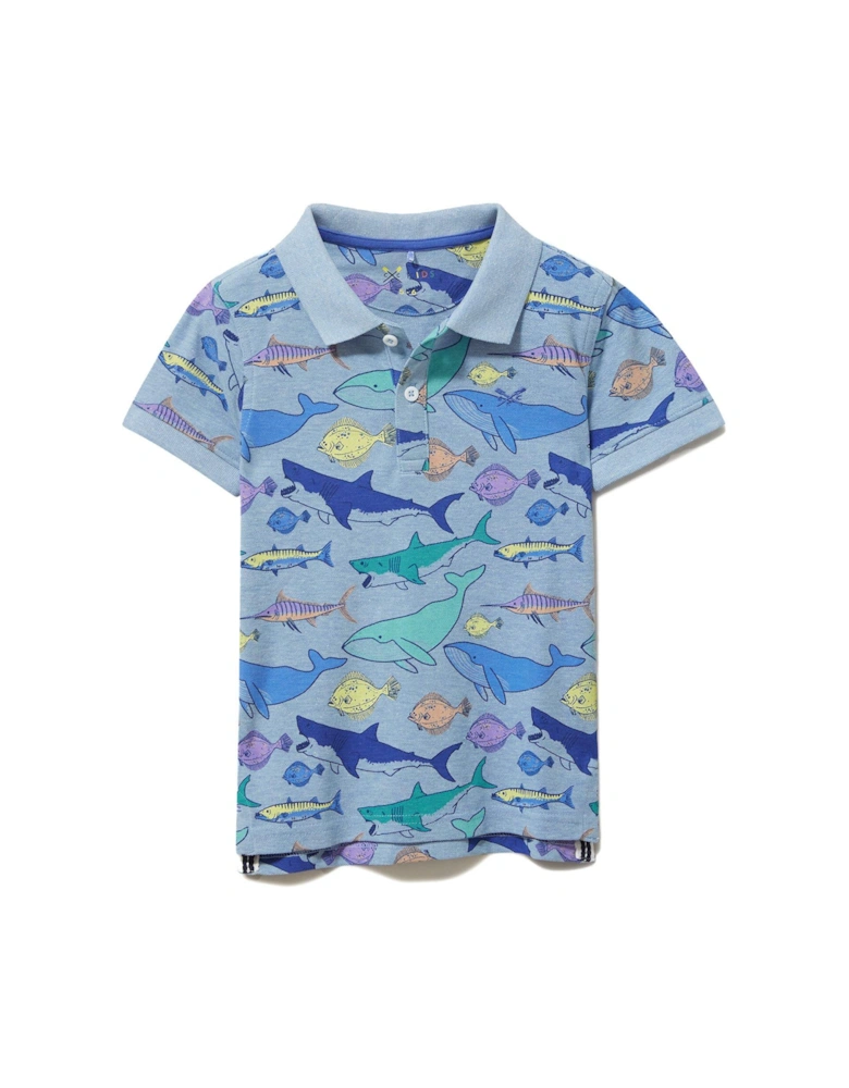 Fish Print Short Sleeve Polo Shirt - Blue