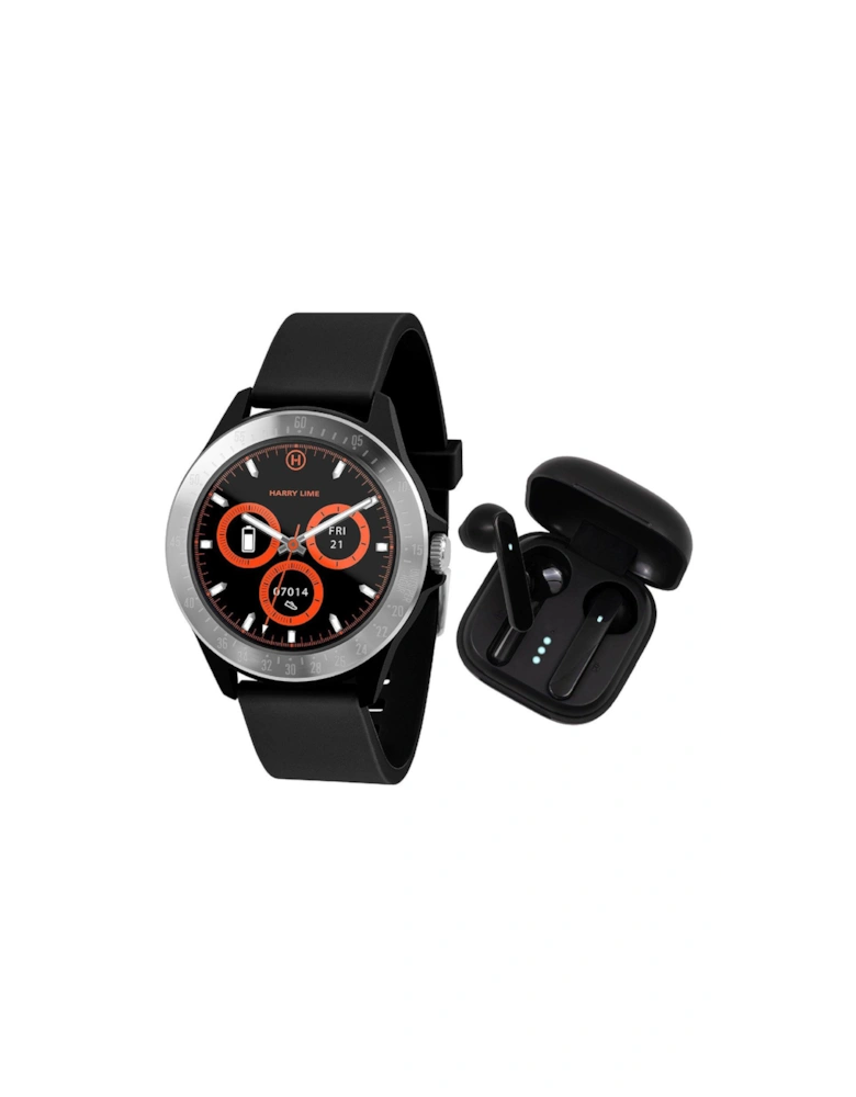 Fashion Smart Watch in Black Featuring Black True Wireless Stereo Earbuds in Charging Case HA07-2001-TWS