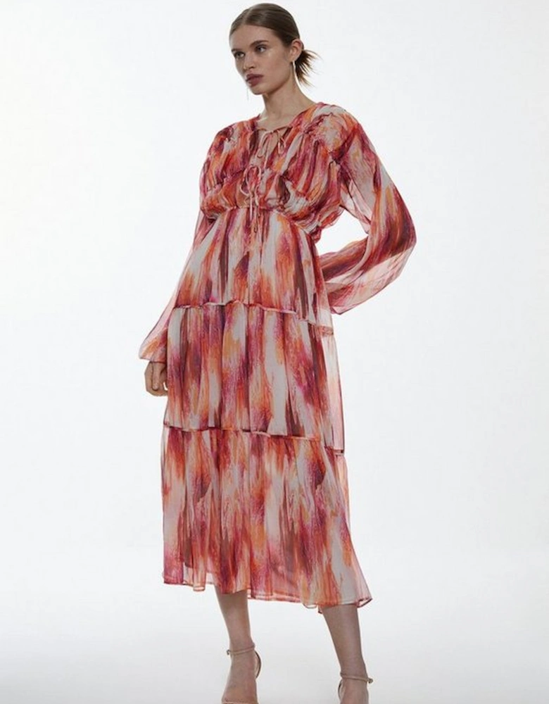 Watercolour Crinkle Shirred Tiered Woven Maxi Dress