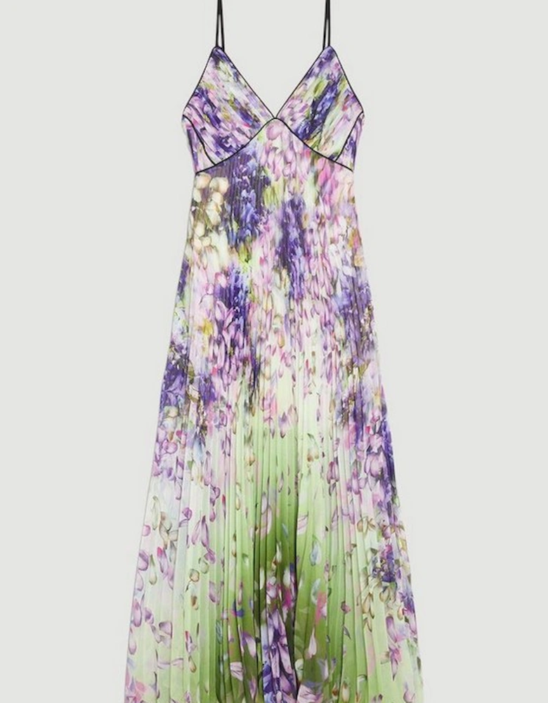 Cascading Floral Strappy Pleated Maxi Dress