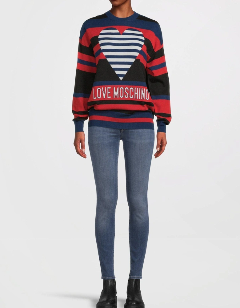 Striped Heart Logo Crew Neck Sweater - Red/Navy/Black