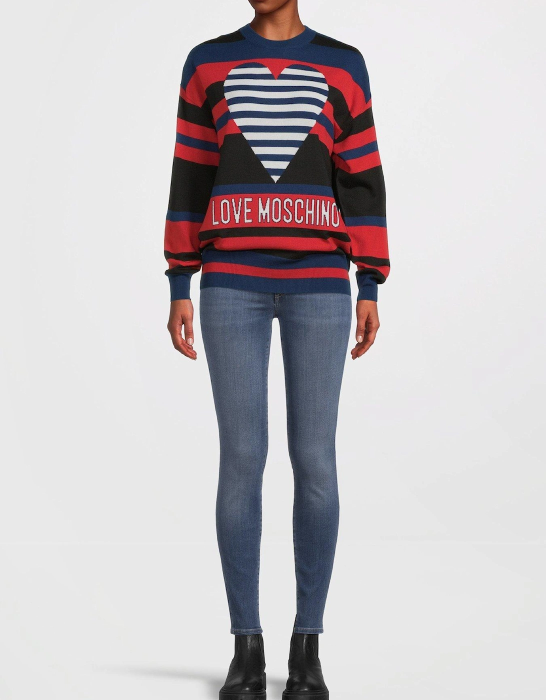 Striped Heart Logo Crew Neck Sweater - Red/Navy/Black