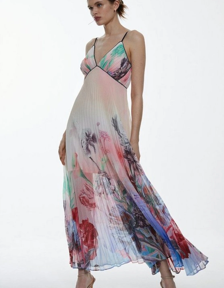 Strappy Pleated Floral Printed Woven Maxi Dress