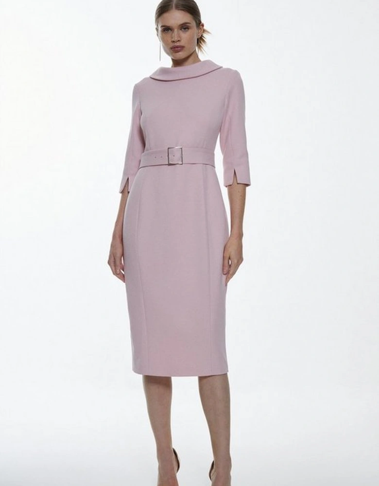 Tailored Structured Crepe Roll Neck Pencil Midi Dress