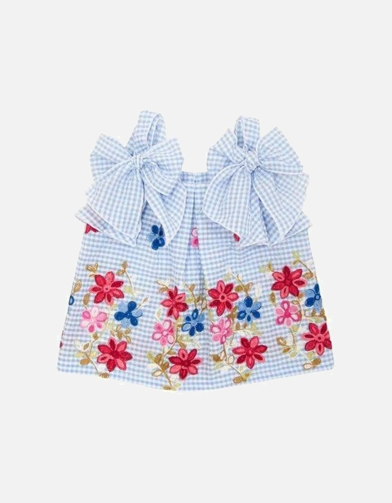 Girls Blue Gingham Embroidered Blouse