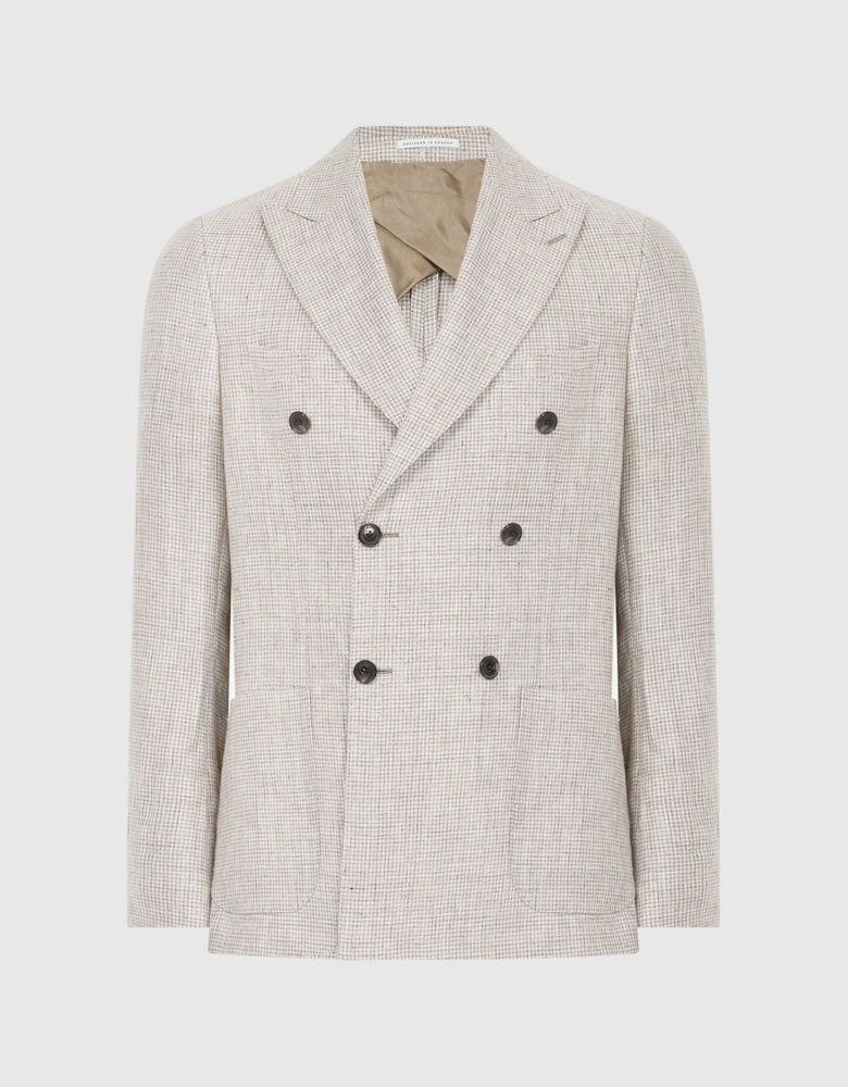 Slim Fit Double Breasted Linen Puppytooth Blazer