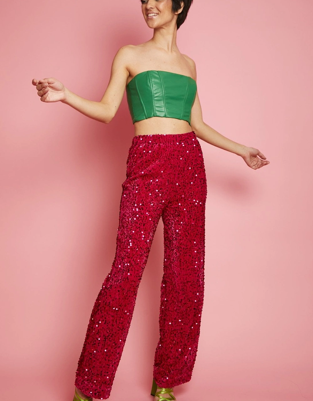 Pink Sequin Trousers with Elasticated Waist