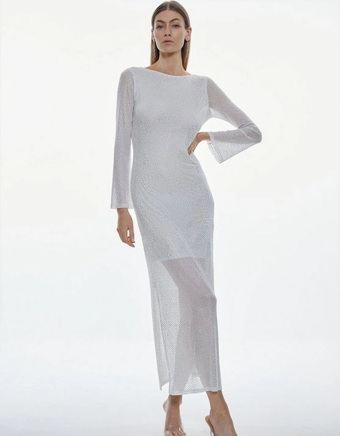 All Over Embellished Jersey Long Sleeve Maxi Dress