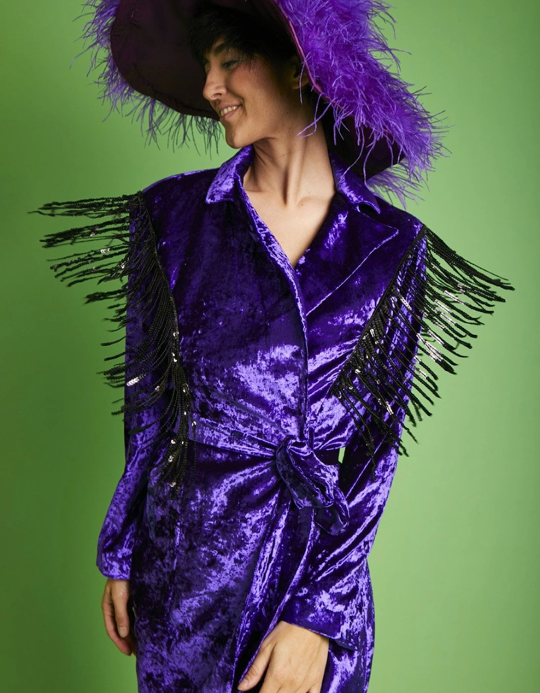 Purple Crushed Velvet Blazer dress with Sequin Tassels, 8 of 7