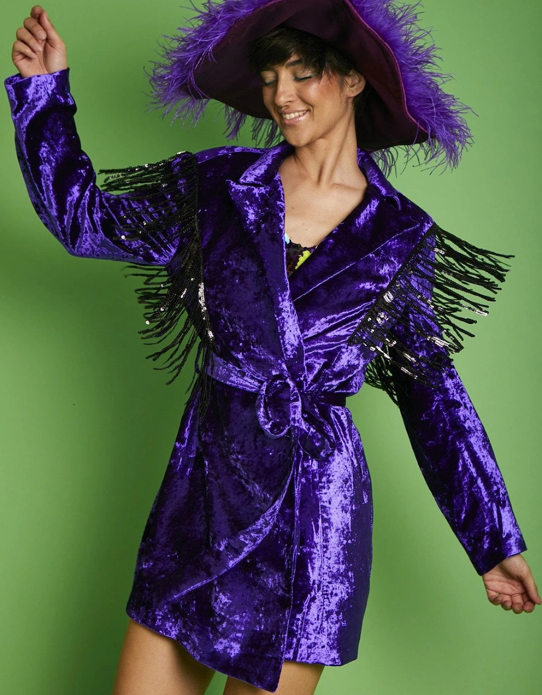 Purple Crushed Velvet Blazer dress with Sequin Tassels