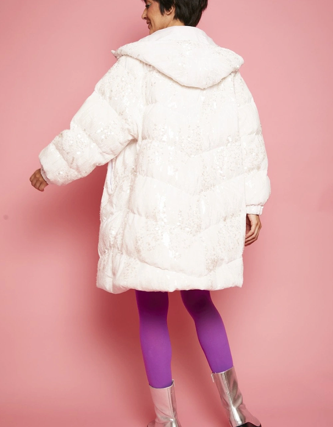 White Sequin Puffer Down Coat