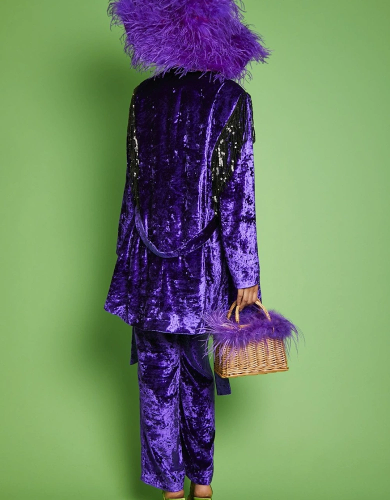 Purple Crushed Velvet Blazer dress with Sequin Tassels