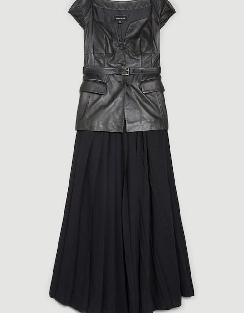 Leather Belted Pleat Skirt Midi Dress