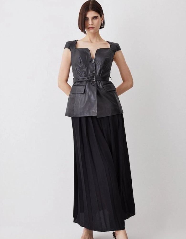 Leather Belted Pleat Skirt Midi Dress