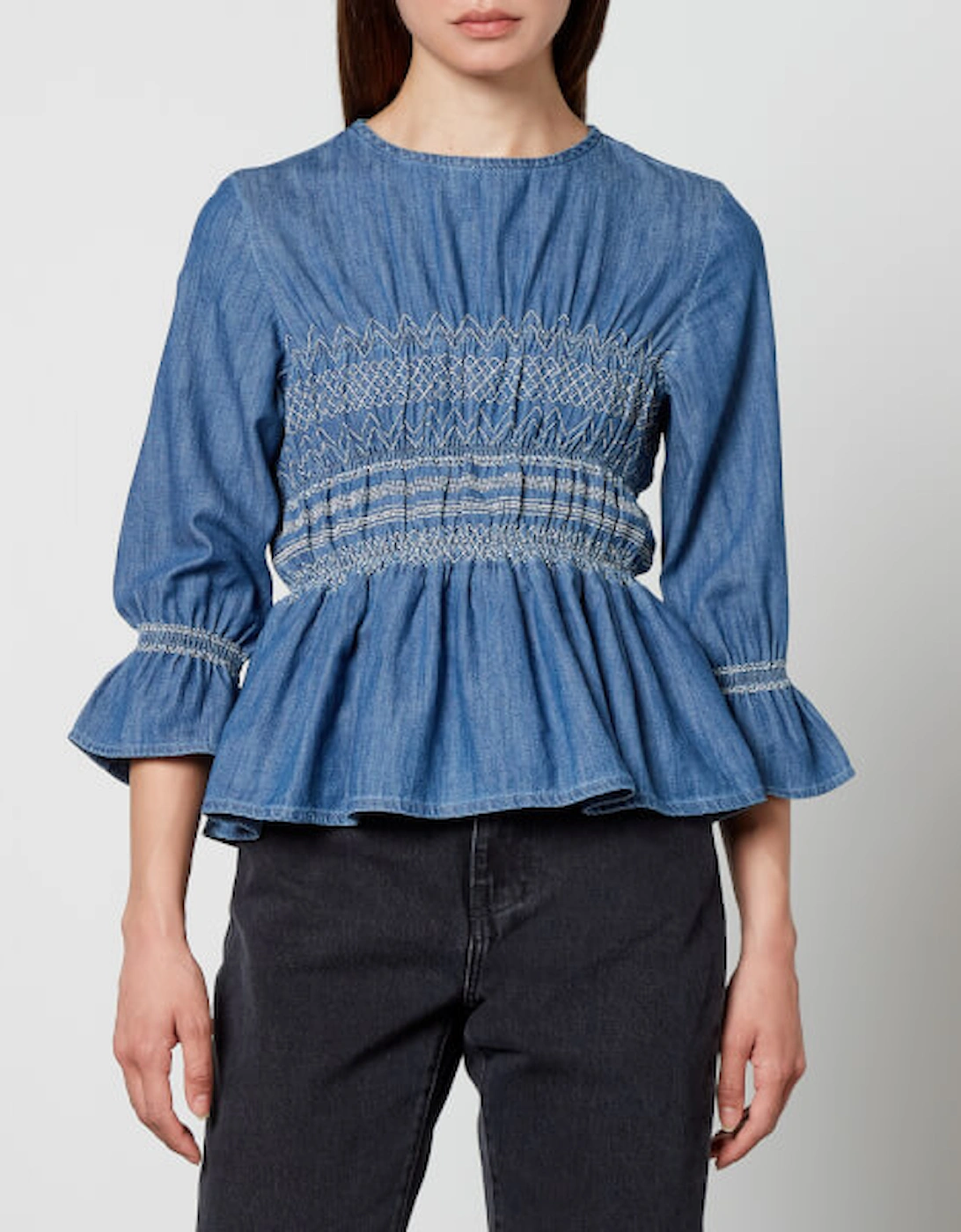 Sally Smocked Cotton-Chambray Blouse, 2 of 1