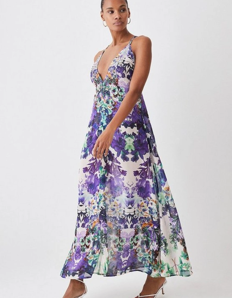 Tall Mirrored Floral Embellished Strappy Beach Maxi Dress
