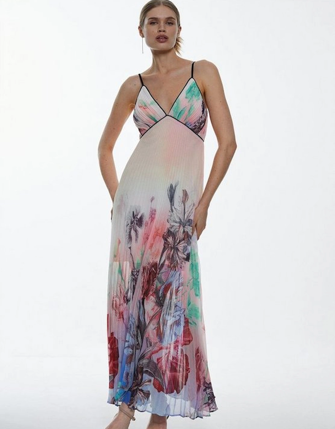 Tall Strappy Pleated Floral Printed Woven Maxi Dress
