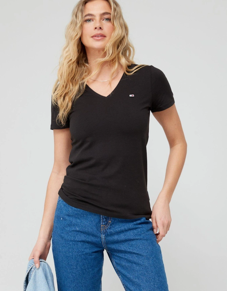 Skinny Stretch V Neck T-Shirt - Black