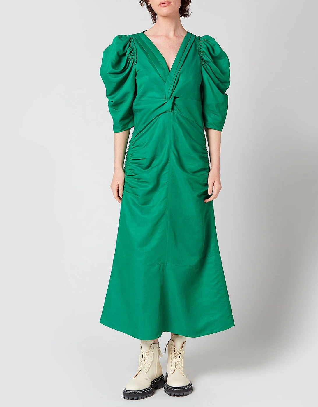 Women's Linen Viscose Shirred Sleeve Dress - Bright Green - - Home - Women's Linen Viscose Shirred Sleeve Dress - Bright Green