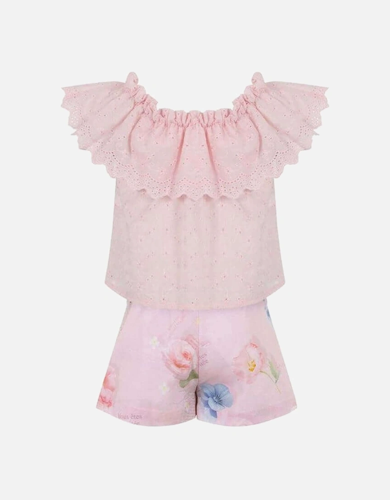 Girls Pink Broderie Anglaise Short Set