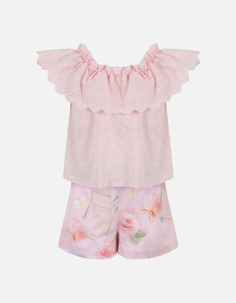 Girls Pink Broderie Anglaise Short Set