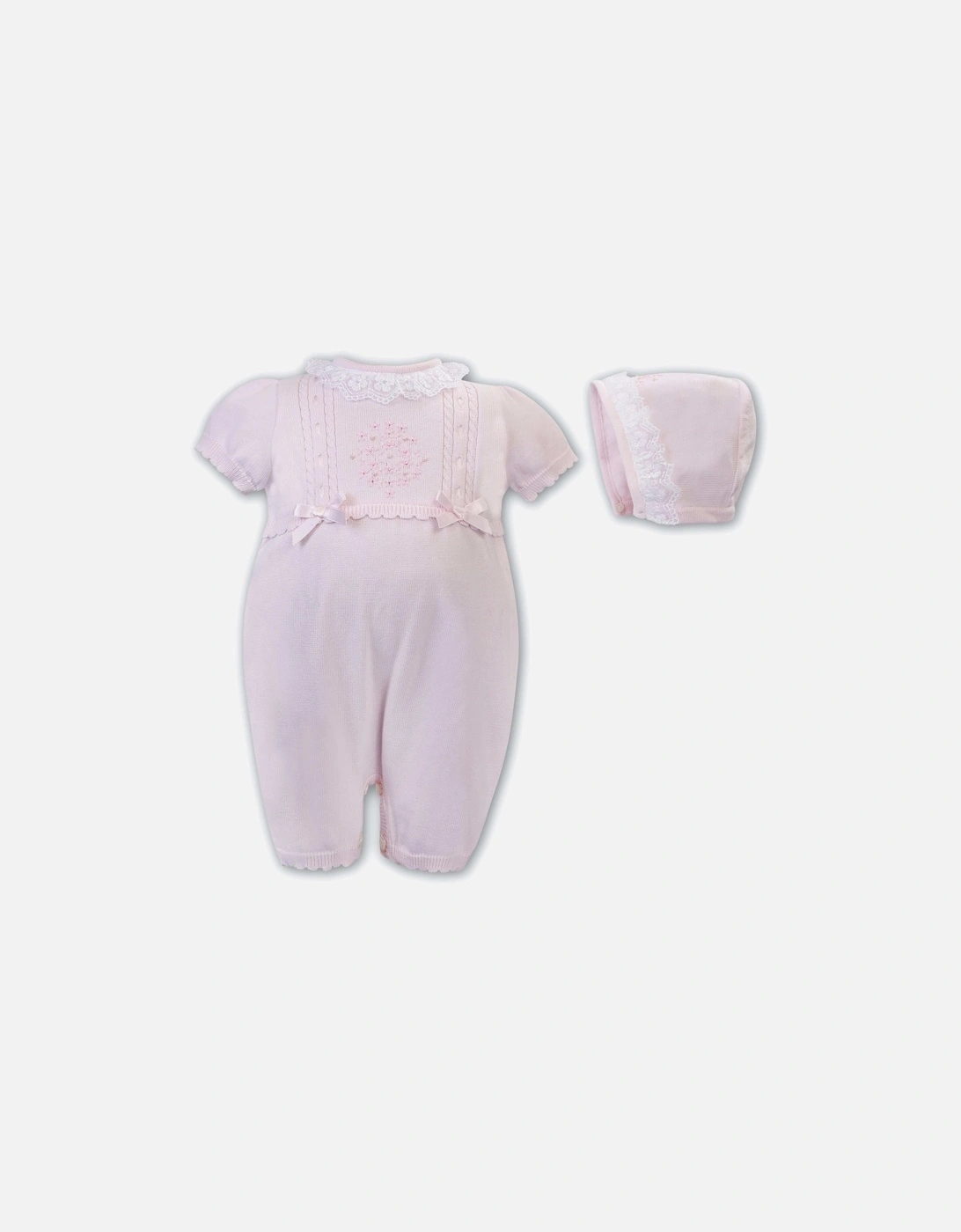 Baby Girls Pink Knit Romper And Bonnet Set, 2 of 1