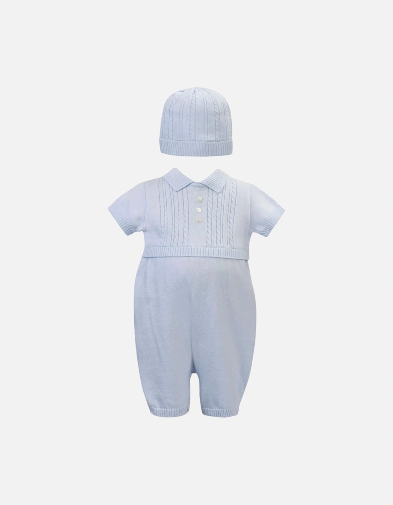 Baby Boys Blue Knit Romper And Hat Set