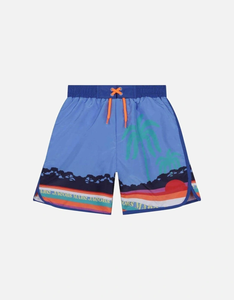 Boys Blue Palm Tree Print Swimming Shorts