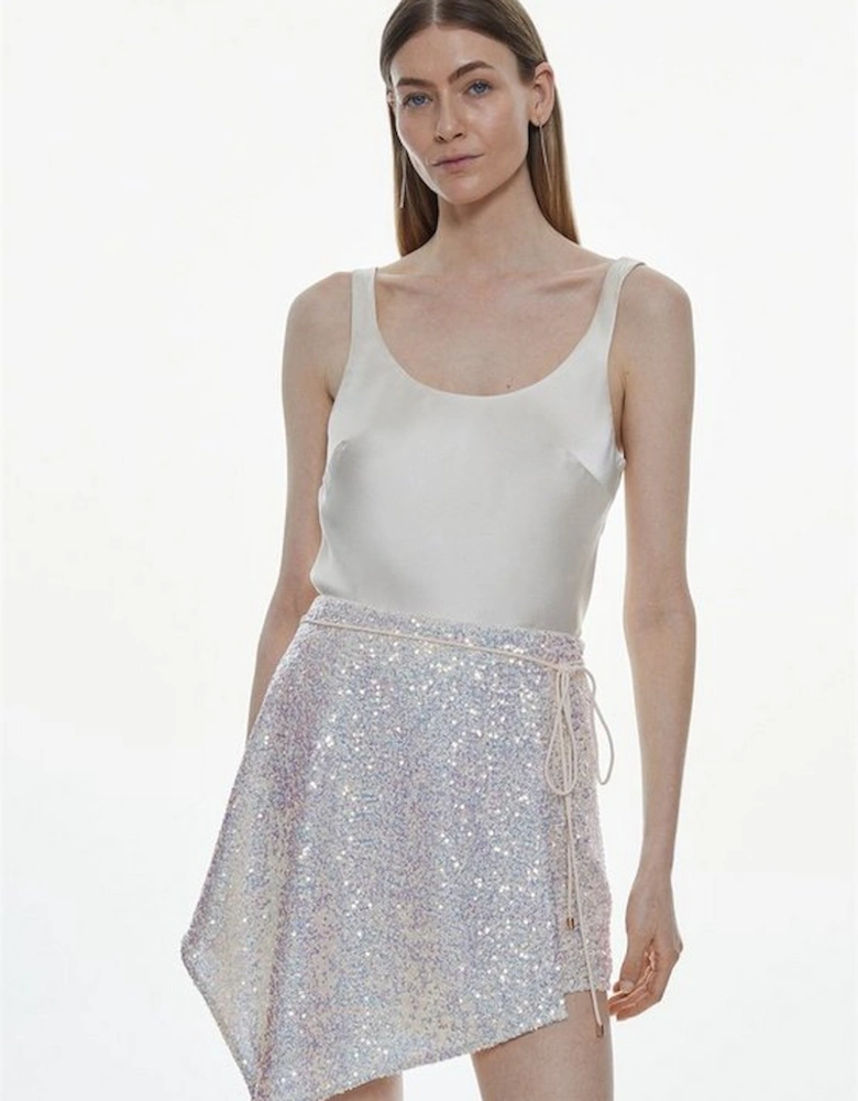 Sequinned Asymmetric Woven Mini Skirt