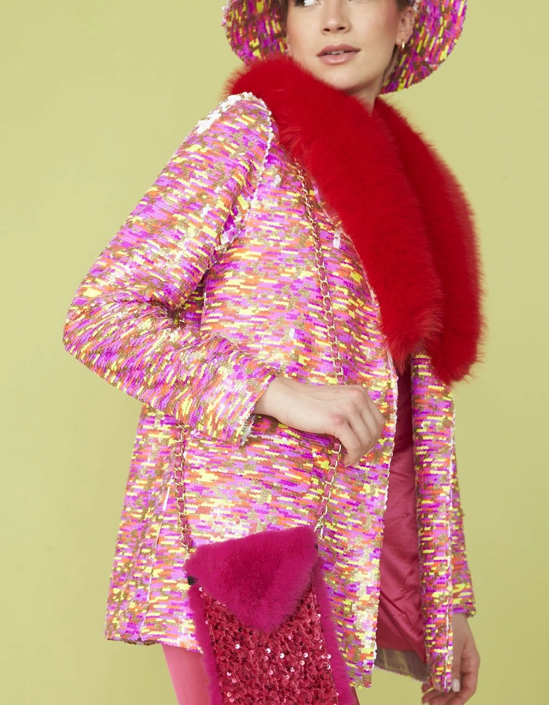 Sequin Mulit-Coloured Blazer with Red Faux Fur Collar