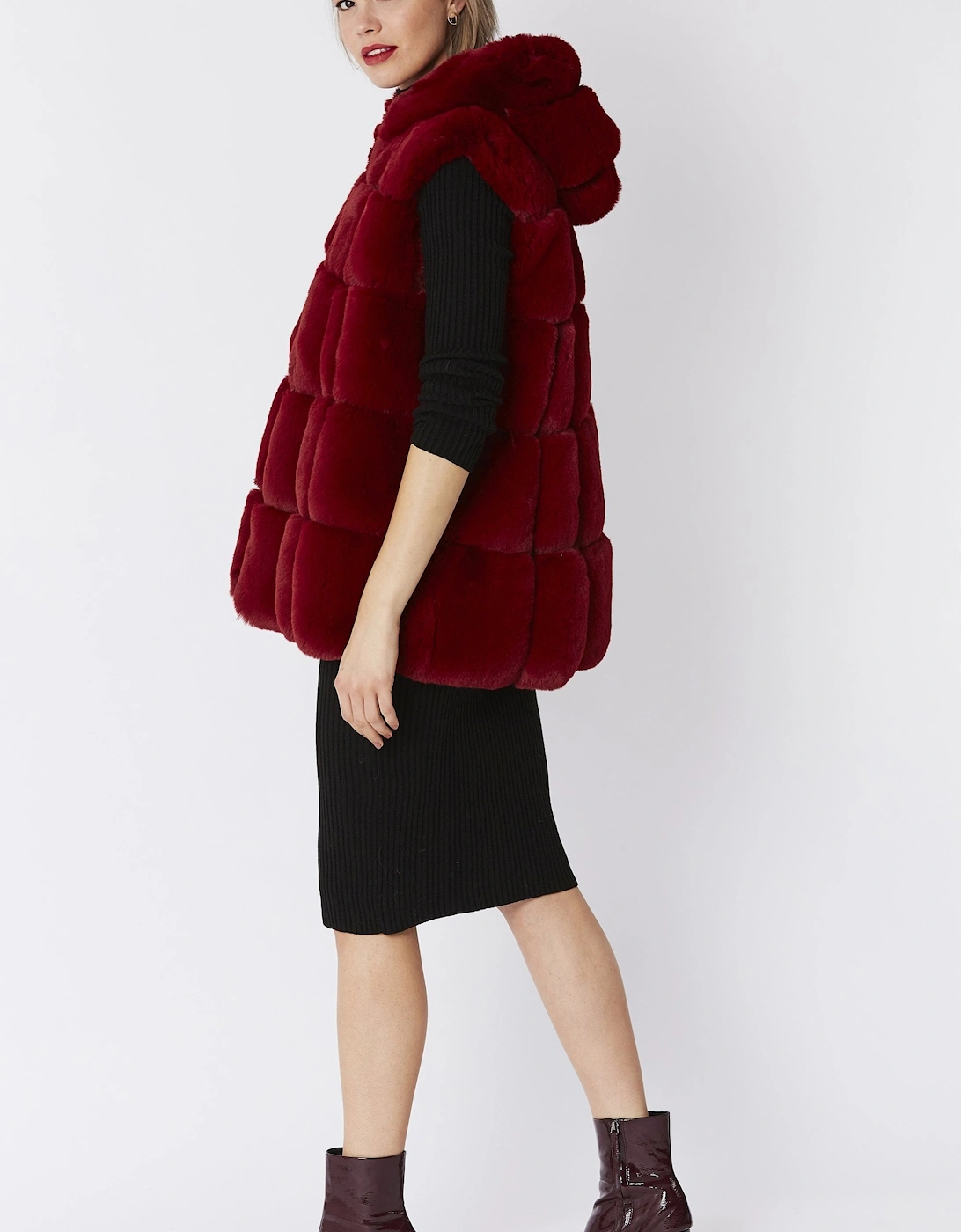 Red Faux Fur Long Hooded Gilet