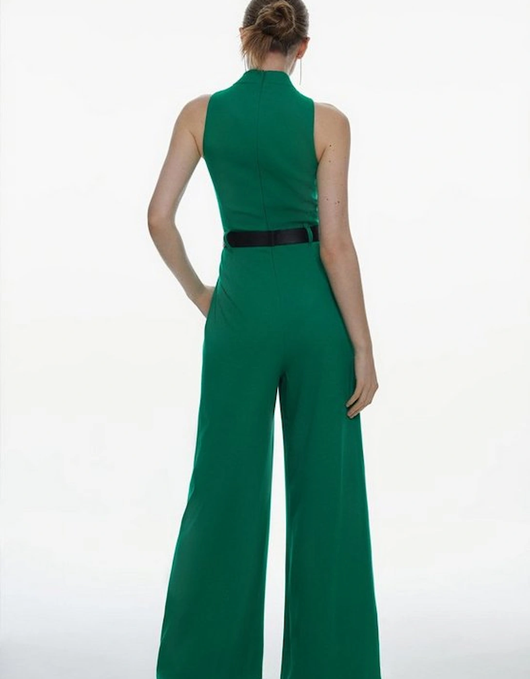 Tall Structured Crepe Halter Neck Belted Wide Leg Jumpsuit