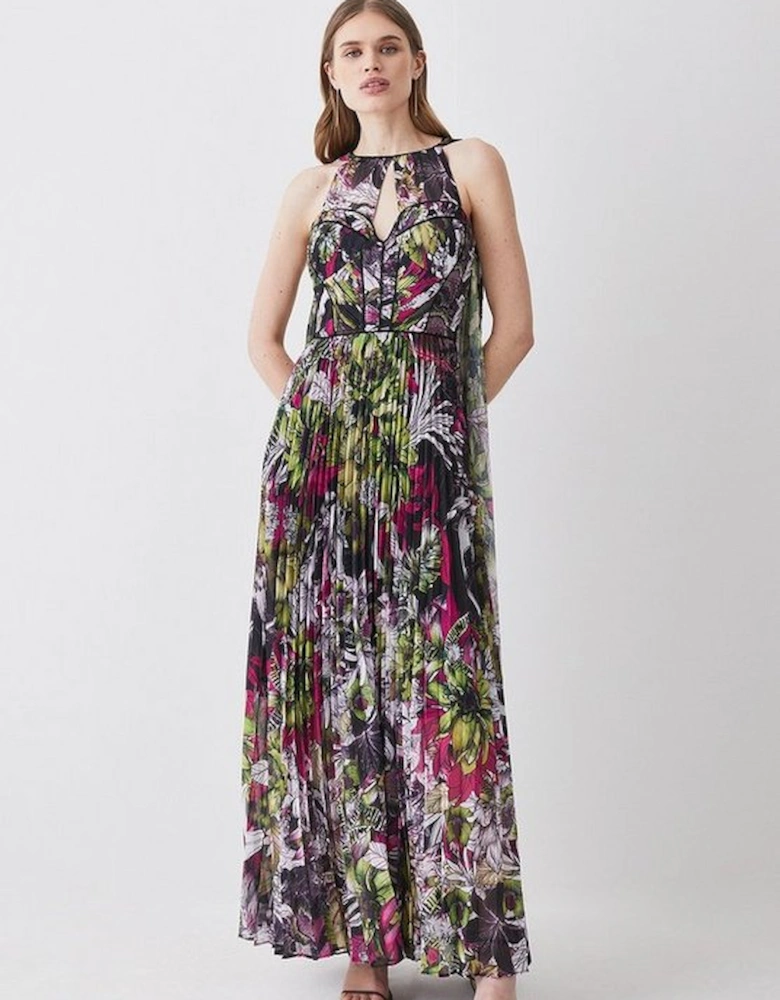 Corset Detail Floral Pleated Woven Maxi Dress