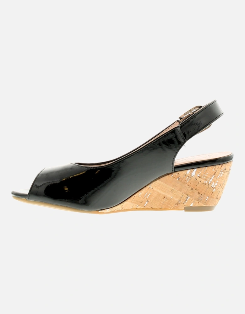 Womens Sandals Wedge Alaska Buckle black patent UK Size