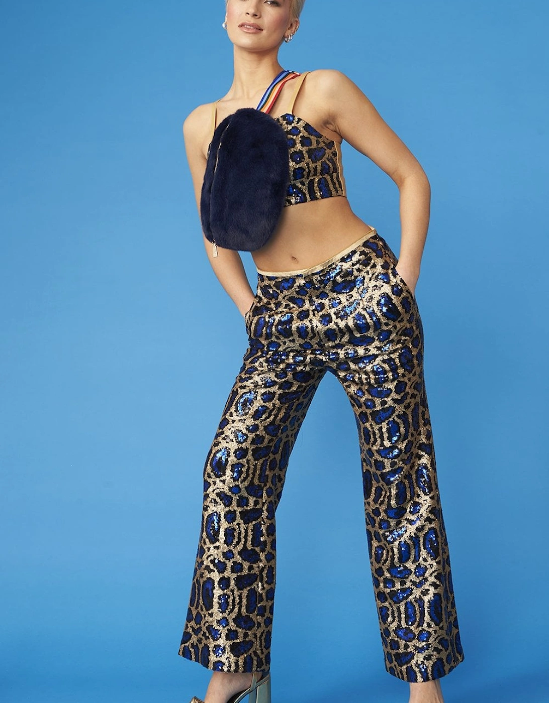 Blue Animal Print Sequin Trousers