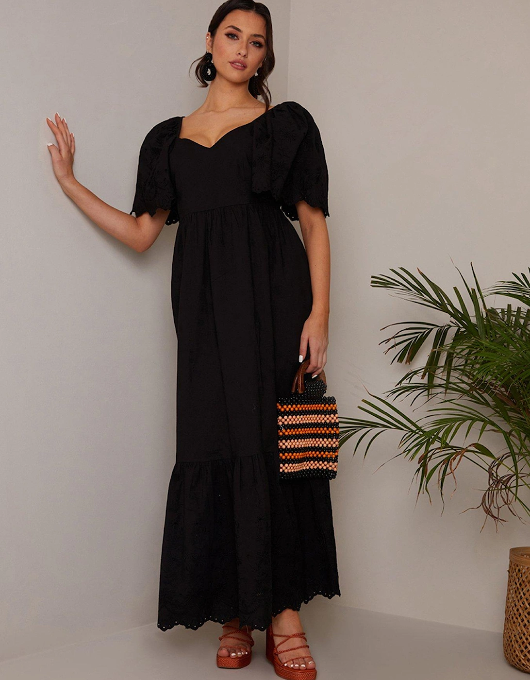 Broderie Sleeve Poplin Maxi Dress - Black, 3 of 2