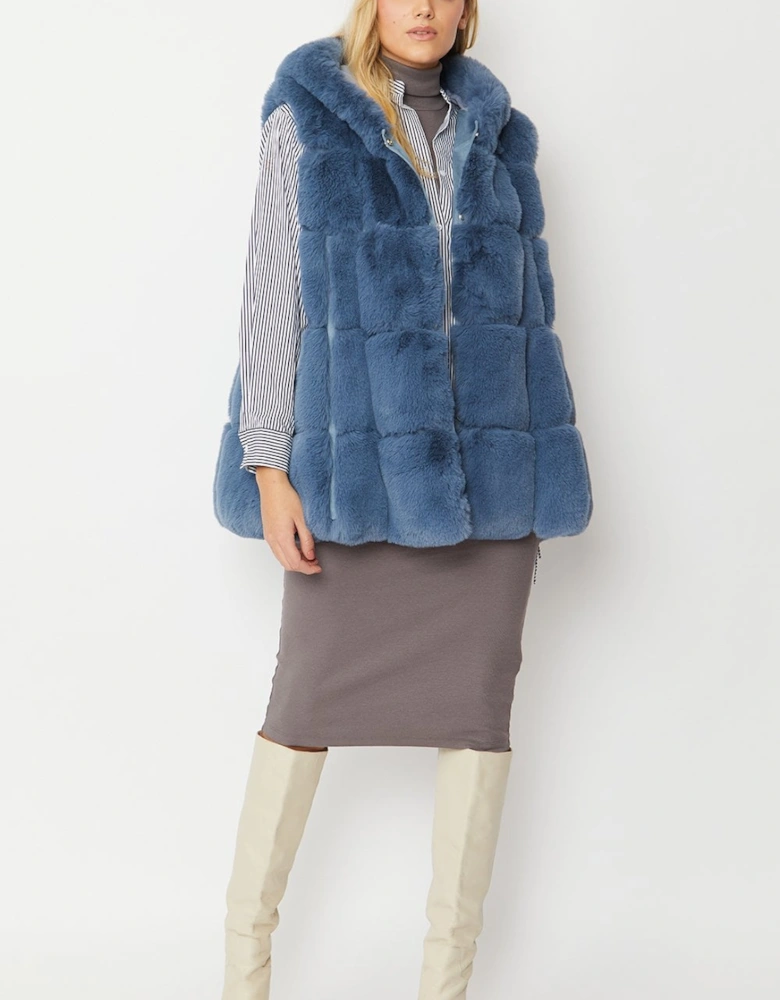 Blue Faux Fur Long Hooded Gilet