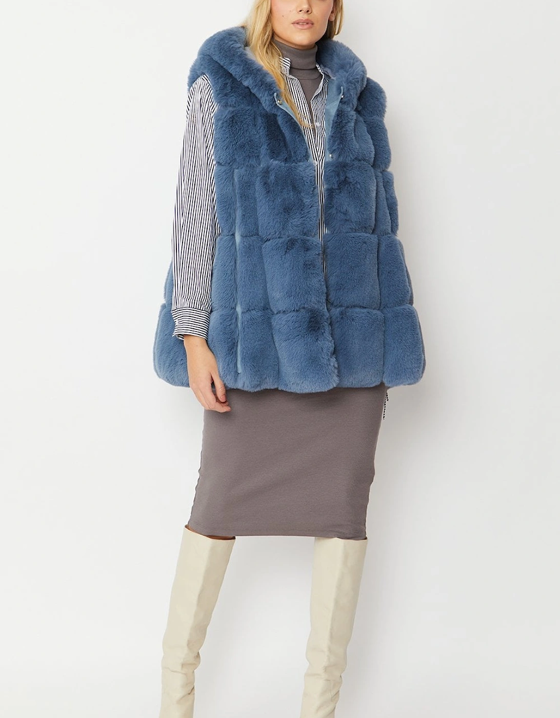 Blue Faux Fur Long Hooded Gilet