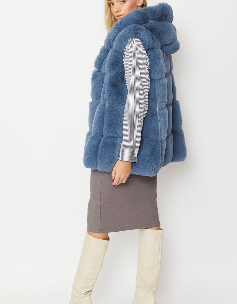 Blue Faux Fur Long Hooded Gilet