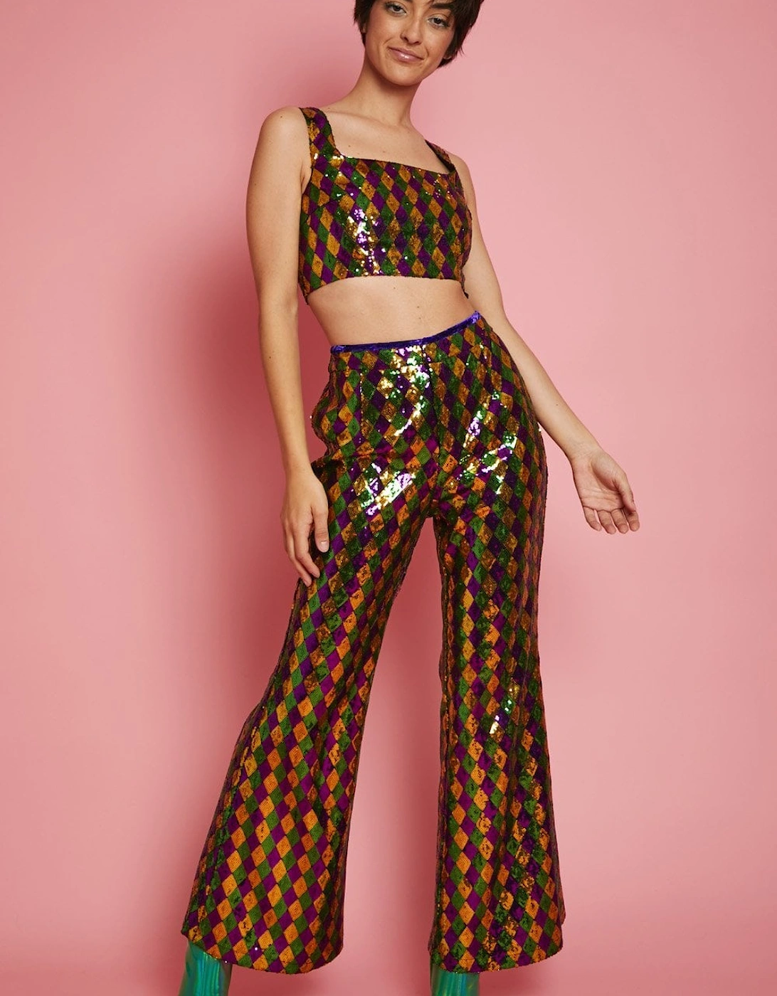 Multi-Coloured Geometric Sequin Crop Top