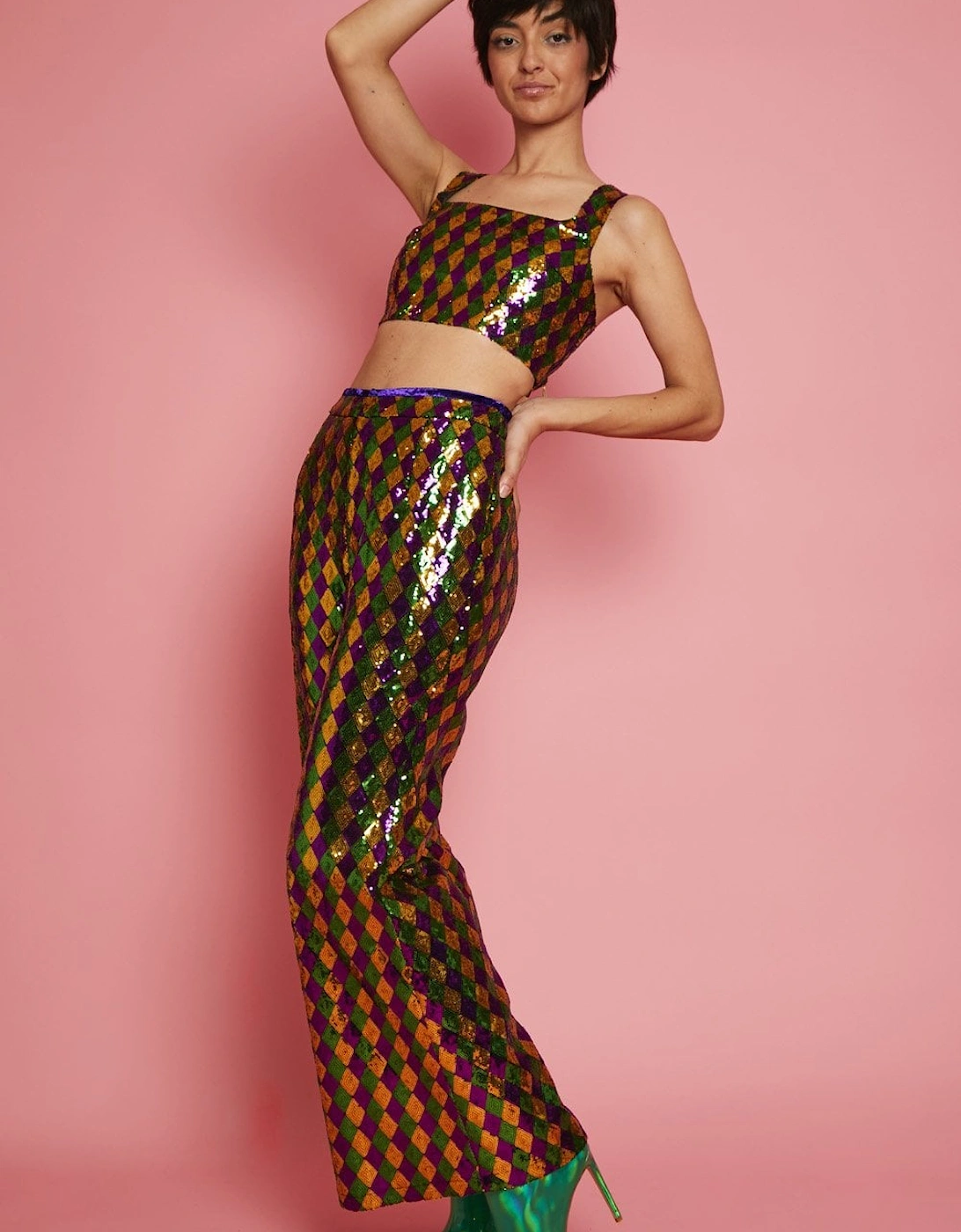 Multi-Coloured Geometric Sequin Crop Top