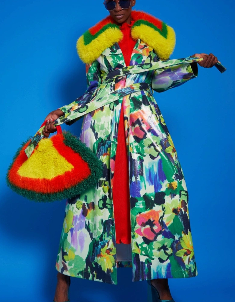 Multi Coloured Floral Trench Coat with Oversized Faux Fur Collar